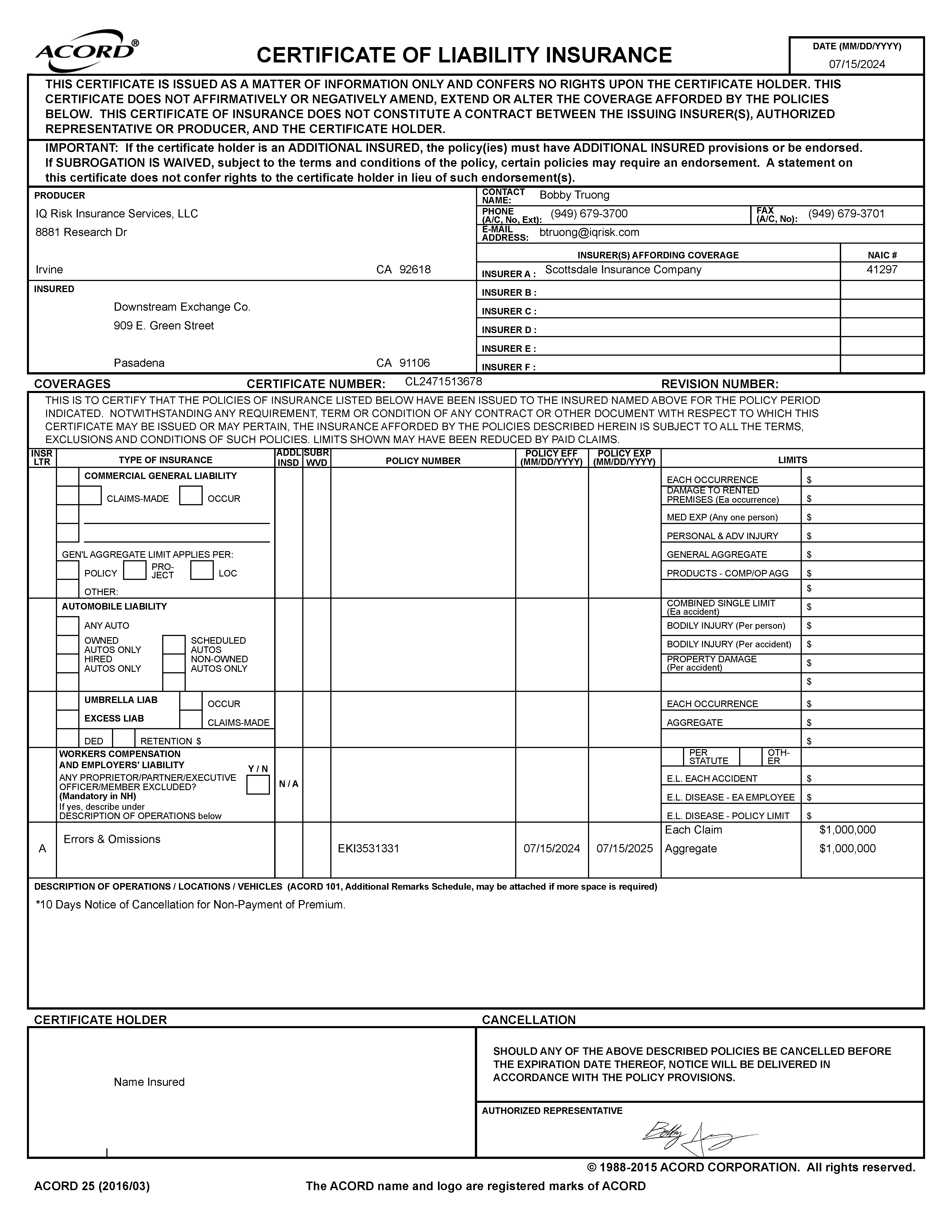 Errors & Omissions Policy